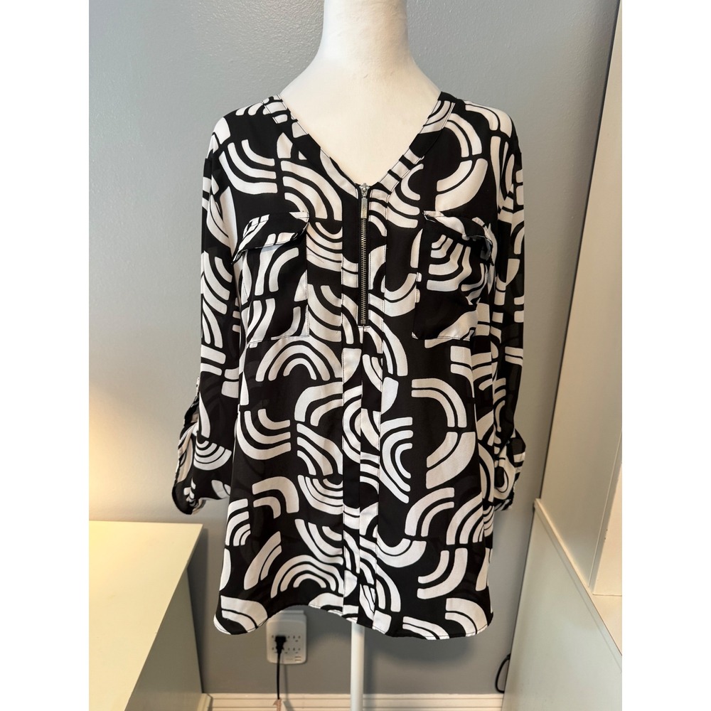Cato Women Black White Geometric Arch Half Zip Tunic Blouse Plus 18/20W